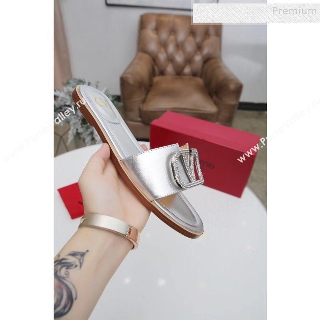 Valentino VLogo Calfskin Flat Slide Sandals Silver White 2019 (MD-9101052)