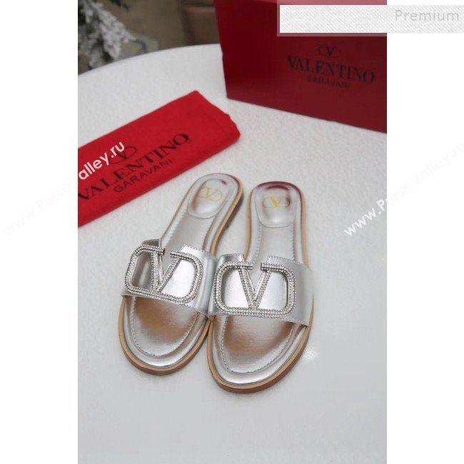 Valentino VLogo Calfskin Flat Slide Sandals Silver White 2019 (MD-9101052)