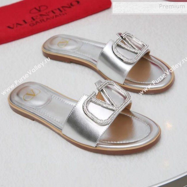 Valentino VLogo Calfskin Flat Slide Sandals Silver White 2019 (MD-9101052)