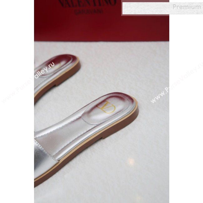 Valentino VLogo Calfskin Flat Slide Sandals Silver White 2019 (MD-9101052)