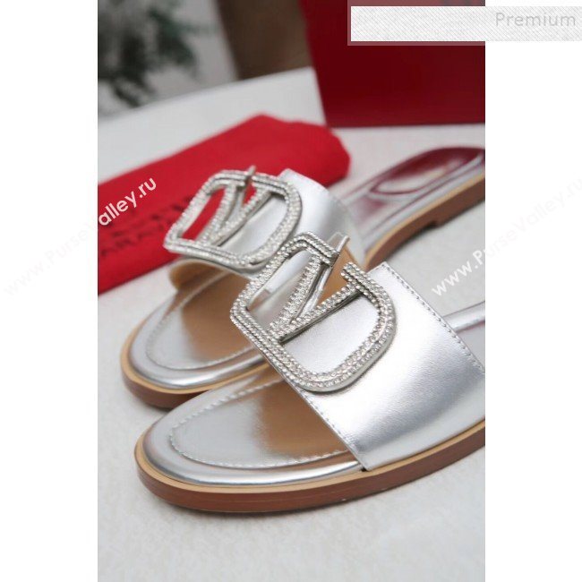 Valentino VLogo Calfskin Flat Slide Sandals Silver White 2019 (MD-9101052)
