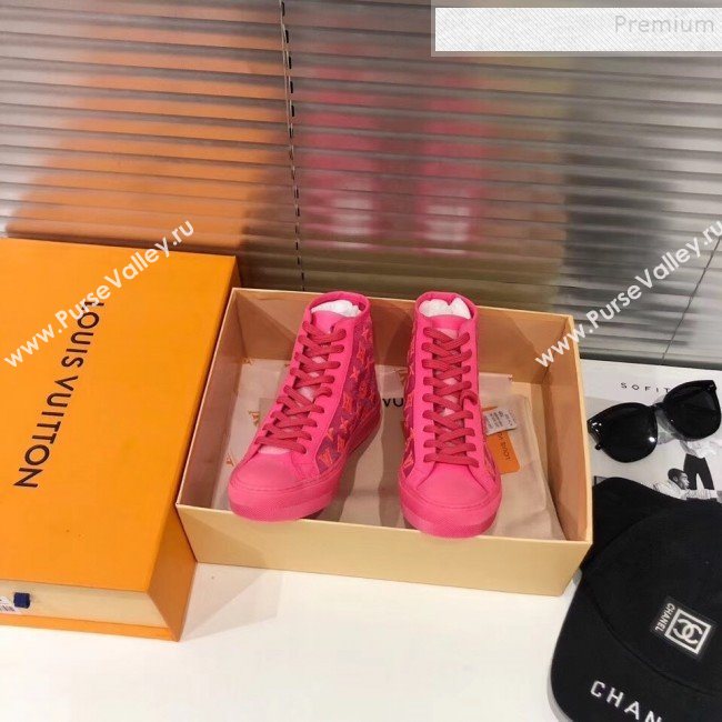 Louis Vuitton Luxembourg Monogram Embroidered High-top Sneakers Neon Pink 2019 (For Women and Men) (MD-9101122)