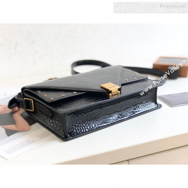 Saint Laurent Margaux Satchel Flap Bag in Crocodile Embossed Shiny Leather 578056 Black 2019 (KTS-9101002)