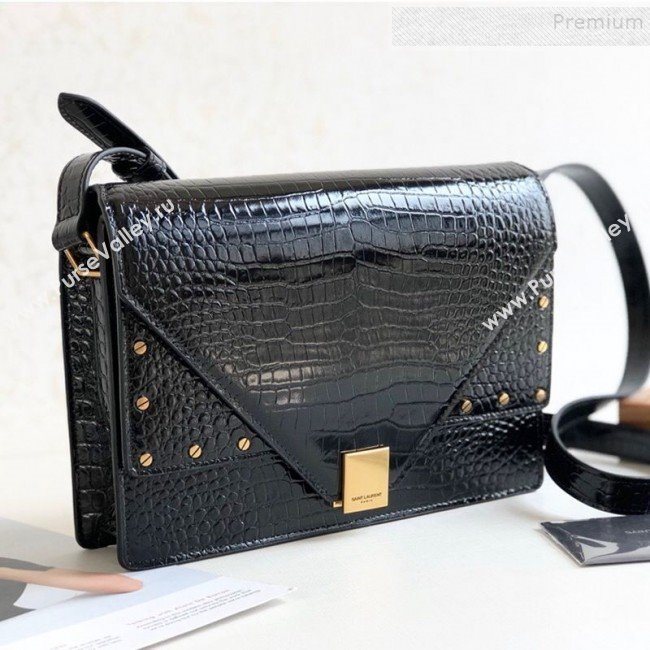Saint Laurent Margaux Satchel Flap Bag in Crocodile Embossed Shiny Leather 578056 Black 2019 (KTS-9101002)