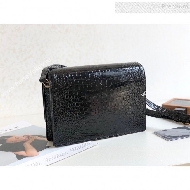 Saint Laurent Margaux Satchel Flap Bag in Crocodile Embossed Shiny Leather 578056 Black 2019 (KTS-9101002)