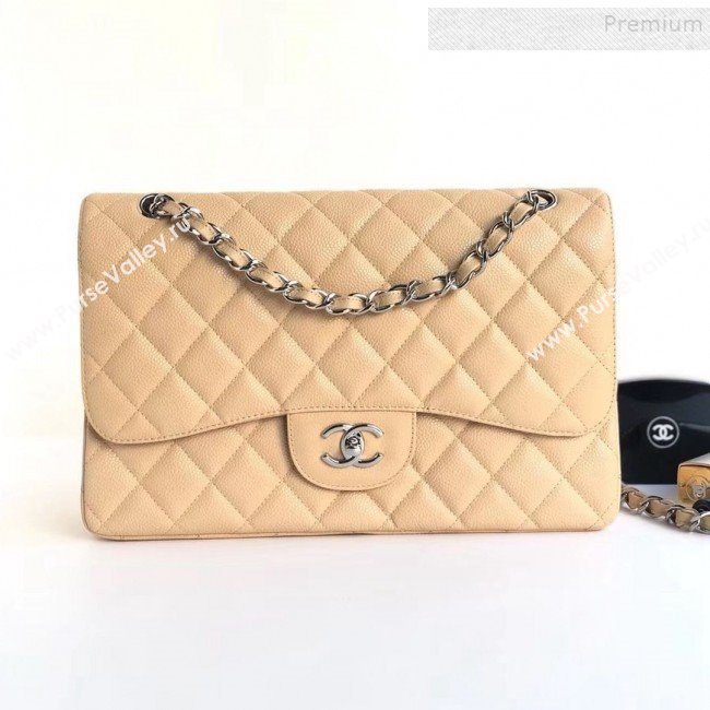 Chanel Caviar Leather Chain Jumbo Classic Flap Bag Apricot (Silver Hardware) (YD-9100993)