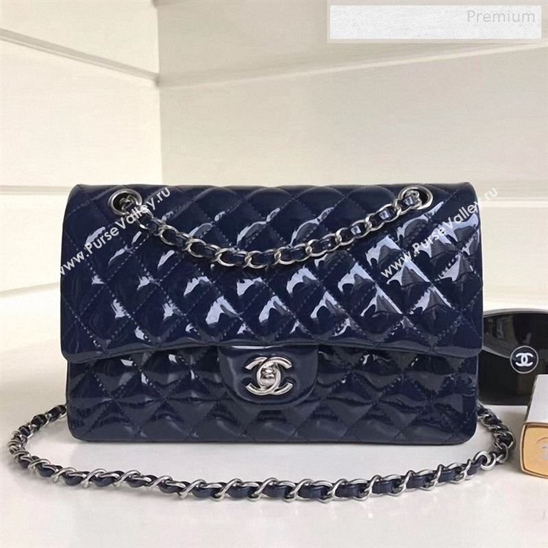 Chanel Patent Calfskin Medium Classic Flap Bag A1112 Deep Blue（Silver Hardware） (YD-9112871)