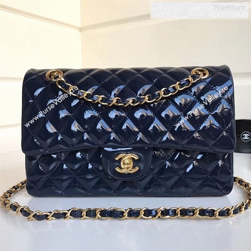 Chanel Patent Calfskin Medium Classic Flap Bag A1112 Deep Blue（Gold Hardware） (YD-9122873)