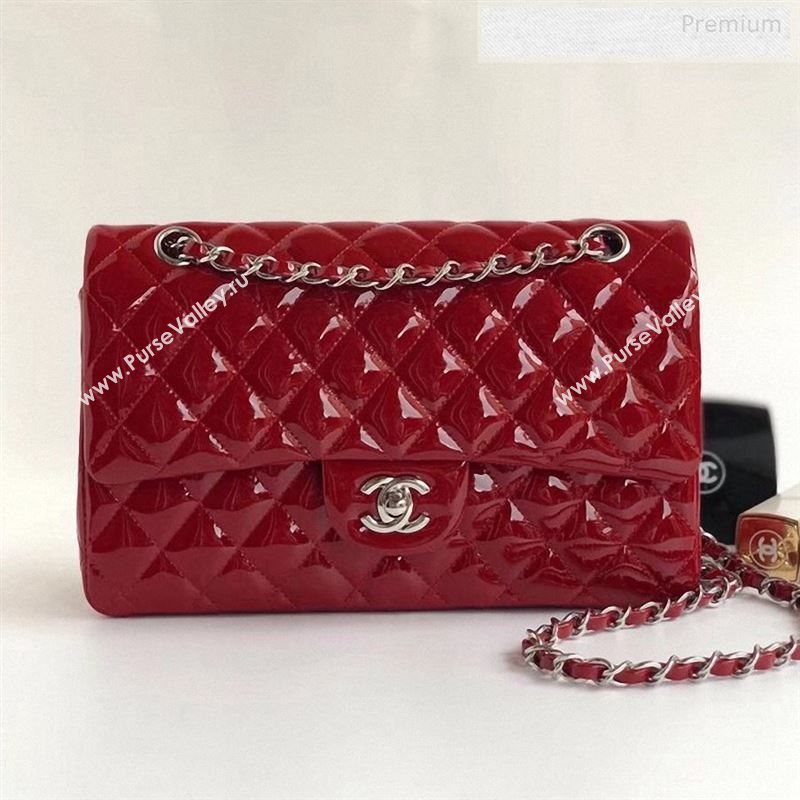 Chanel Patent Calfskin Medium Classic Flap Bag A1112 Red（Silver Hardware） (YD-9122876)