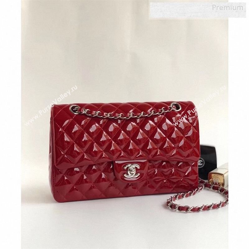 Chanel Patent Calfskin Medium Classic Flap Bag A1112 Red（Silver Hardware） (YD-9122876)