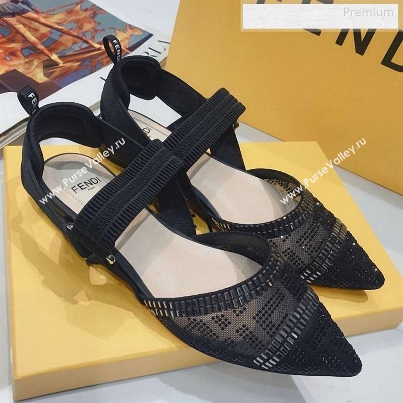 Fendi Colibrì Crystal Mesh Slingback Flat Shoe Black 2020 (DLY-9122615)