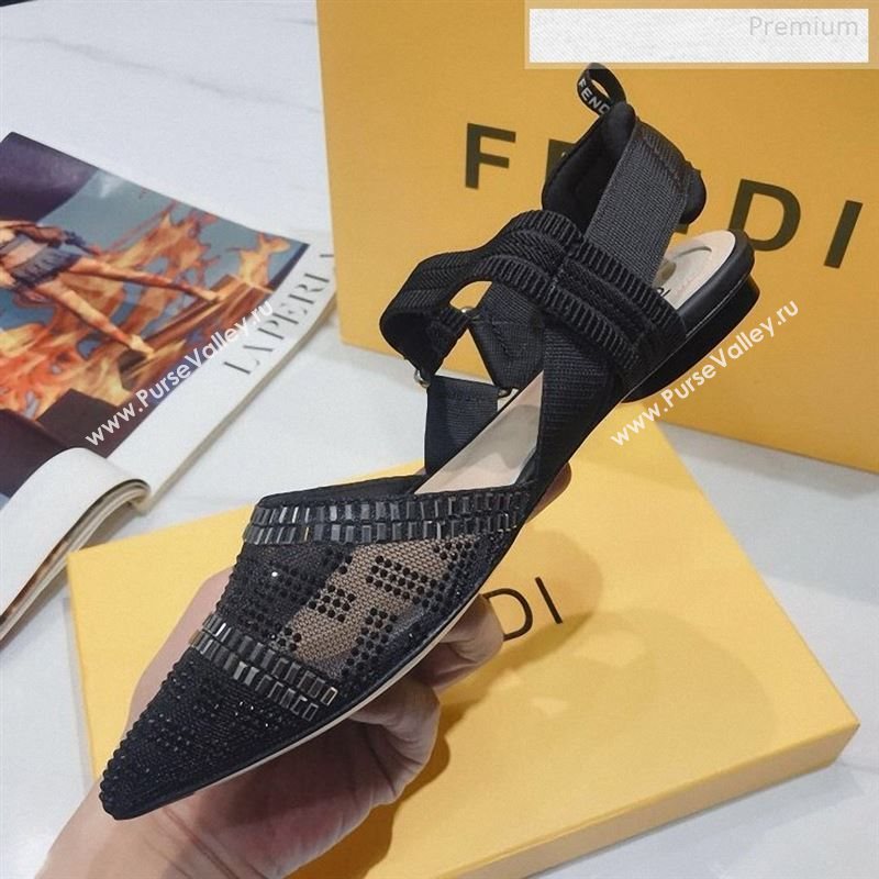 Fendi Colibrì Crystal Mesh Slingback Flat Shoe Black 2020 (DLY-9122615)