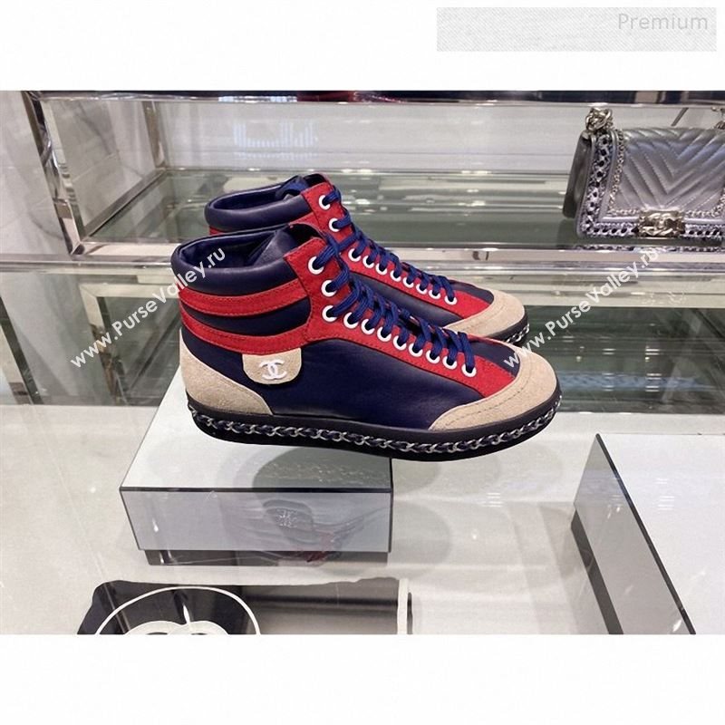 Chanel Lambskin Chain Leather High-top Sneakers G35600 Navy Blue 2019 (XO-9122331)