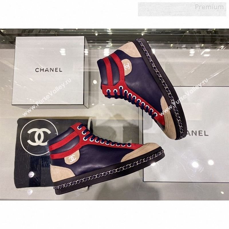 Chanel Lambskin Chain Leather High-top Sneakers G35600 Navy Blue 2019 (XO-9122331)