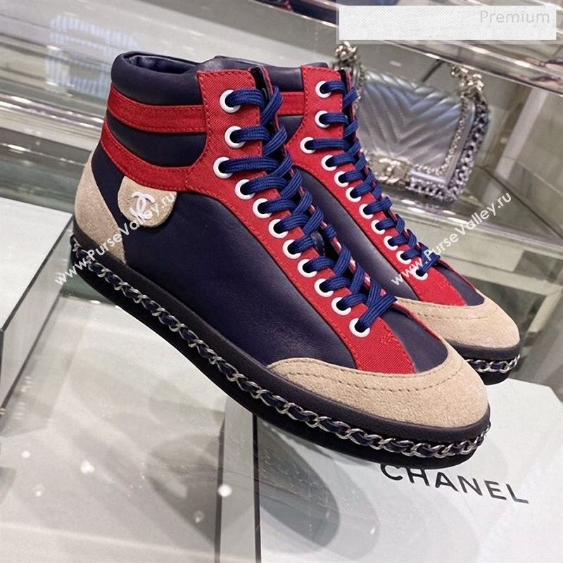 Chanel Lambskin Chain Leather High-top Sneakers G35600 Navy Blue 2019 (XO-9122331)