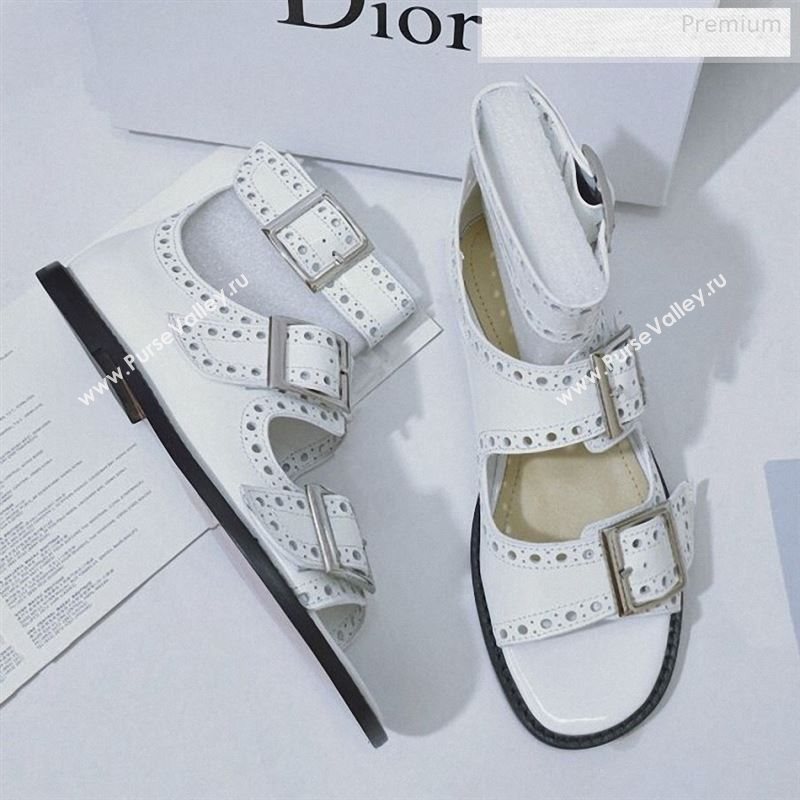 Dior Perforated Leather Buckle Strap Flat Sandals White 2019 (DLY-9122342)