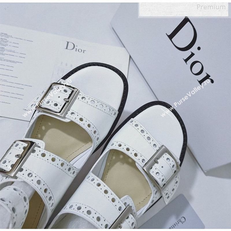 Dior Perforated Leather Buckle Strap Flat Sandals White 2019 (DLY-9122342)