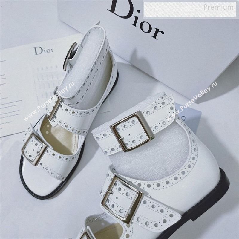 Dior Perforated Leather Buckle Strap Flat Sandals White 2019 (DLY-9122342)