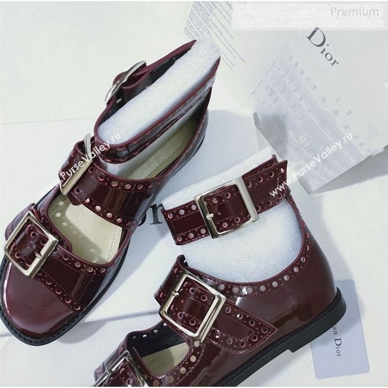 Dior Perforated Leather Buckle Strap Flat Sandals Burgundy 2019 (DLY-9122344)