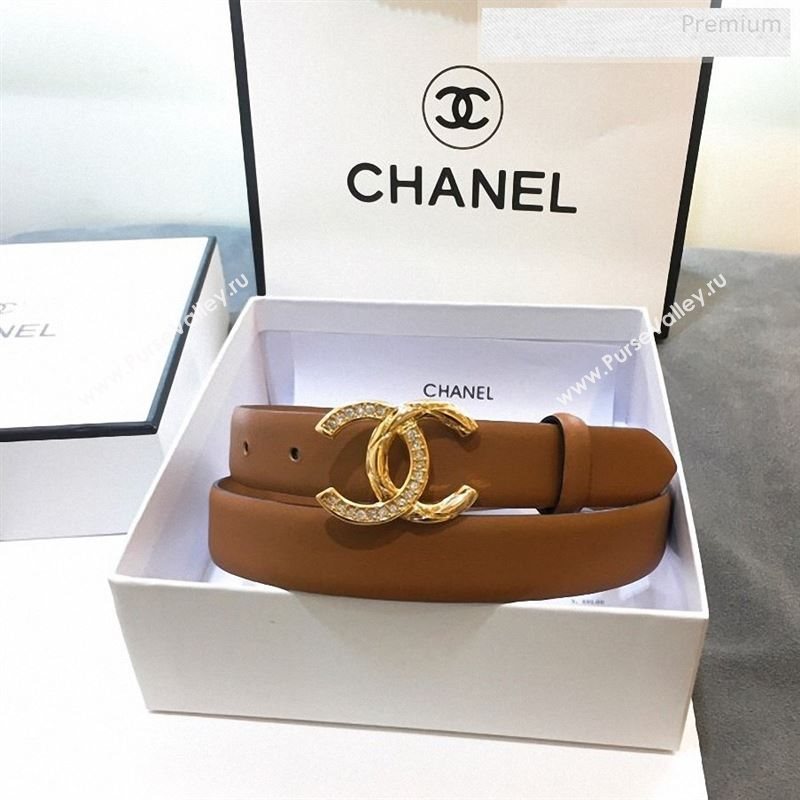 Chanel Smooth Calfskin Belt 25mm with Crystal Metal CC Buckle Brown 2019 (99-9122404)