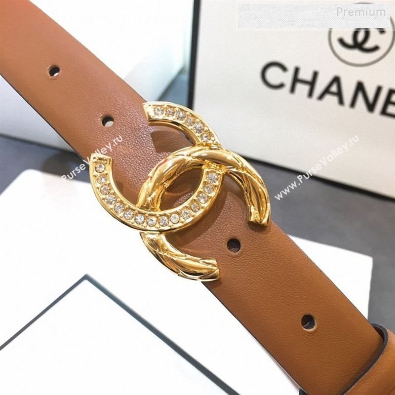 Chanel Smooth Calfskin Belt 25mm with Crystal Metal CC Buckle Brown 2019 (99-9122404)