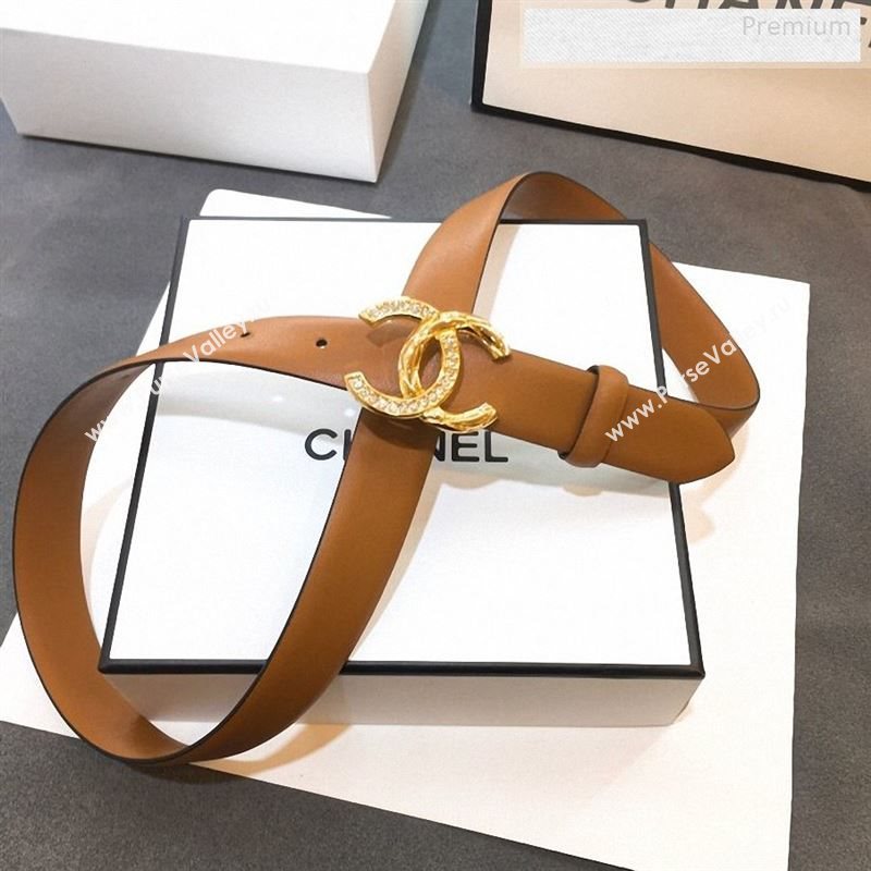 Chanel Smooth Calfskin Belt 25mm with Crystal Metal CC Buckle Brown 2019 (99-9122404)