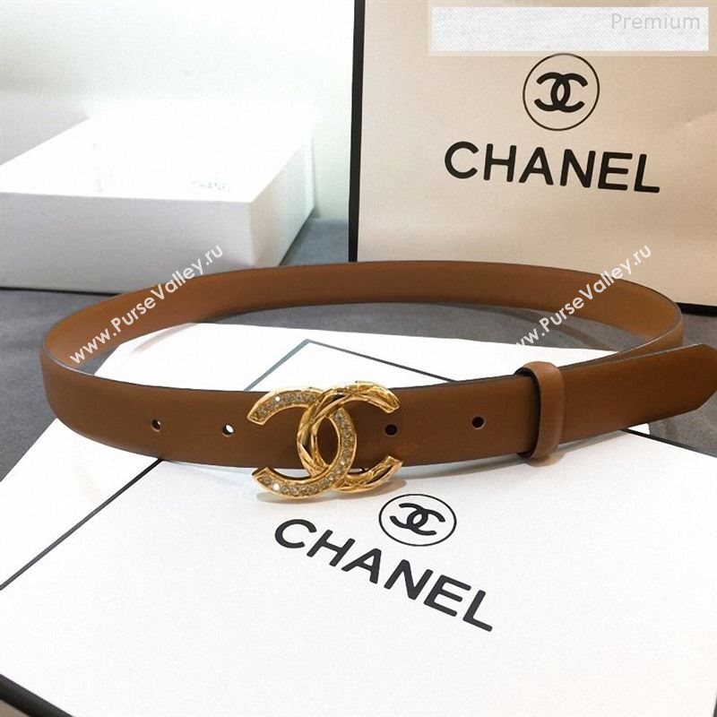 Chanel Smooth Calfskin Belt 25mm with Crystal Metal CC Buckle Brown 2019 (99-9122404)