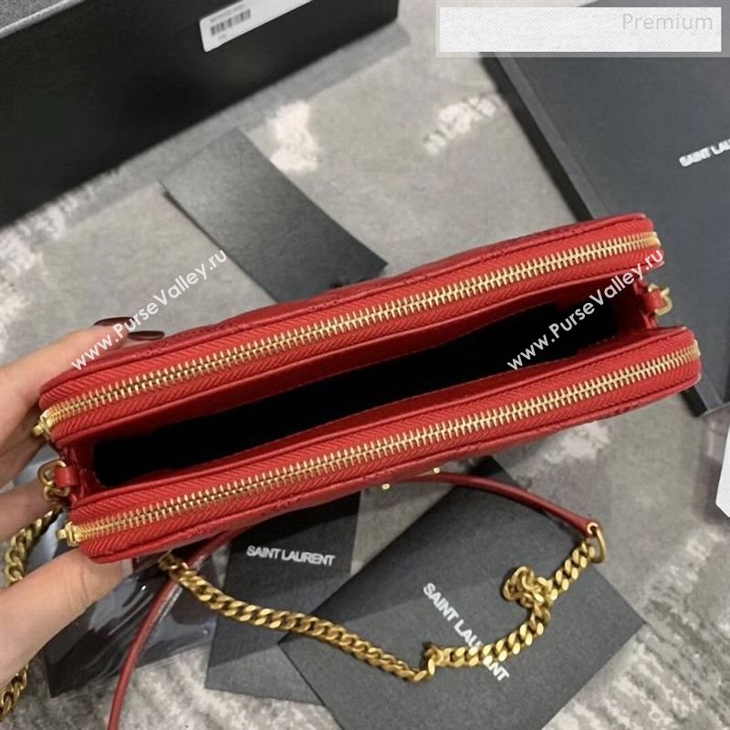 Saint Laurent Becky Double Zip Chain Pouch in Quilted Lambskin 608941 Red 2019 (JD-9122721)