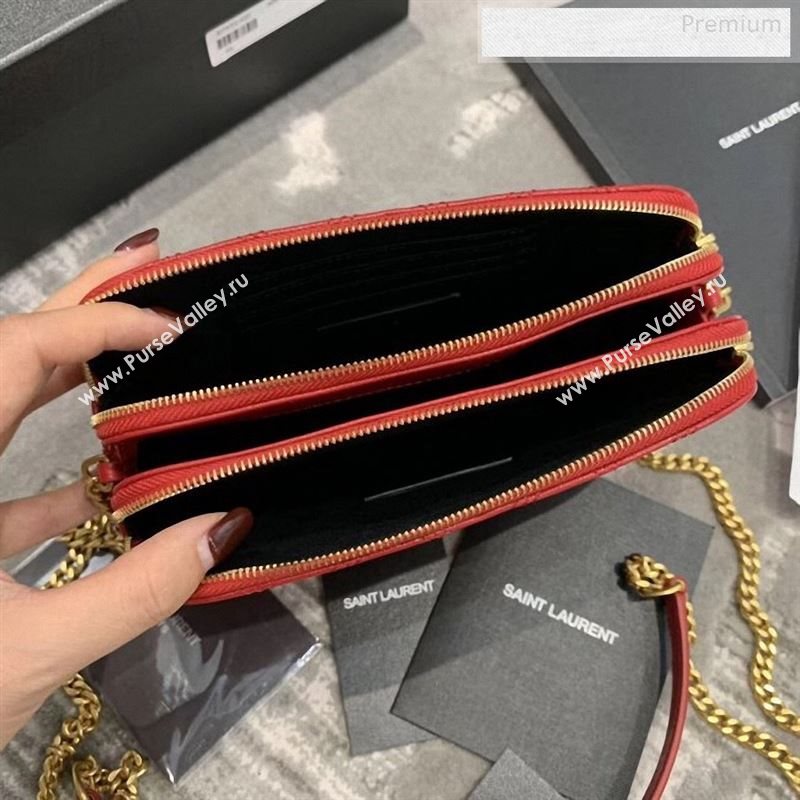 Saint Laurent Becky Double Zip Chain Pouch in Quilted Lambskin 608941 Red 2019 (JD-9122721)