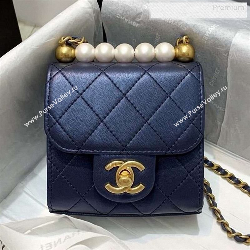 Chanel Quilted Leather Pearl Square Clutch with Chain AP0997 Navy Blue 2019 (KS-9123003)