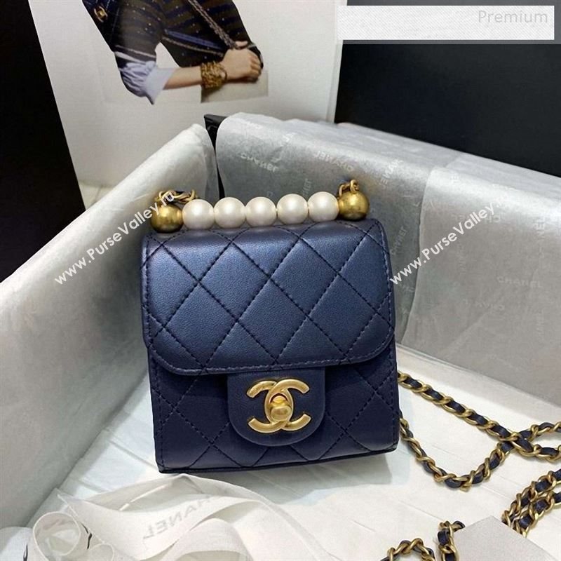 Chanel Quilted Leather Pearl Square Clutch with Chain AP0997 Navy Blue 2019 (KS-9123003)