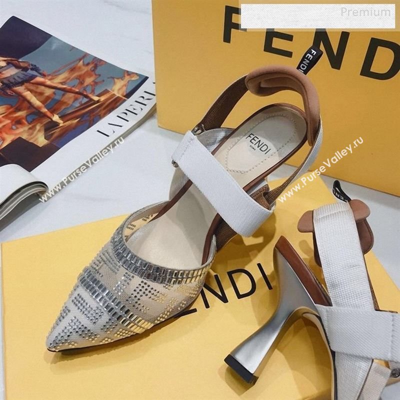 Fendi Colibrì Crystal Mesh High-Heel Slingback Pumps White/Beige 2020 (DLY-9122620)