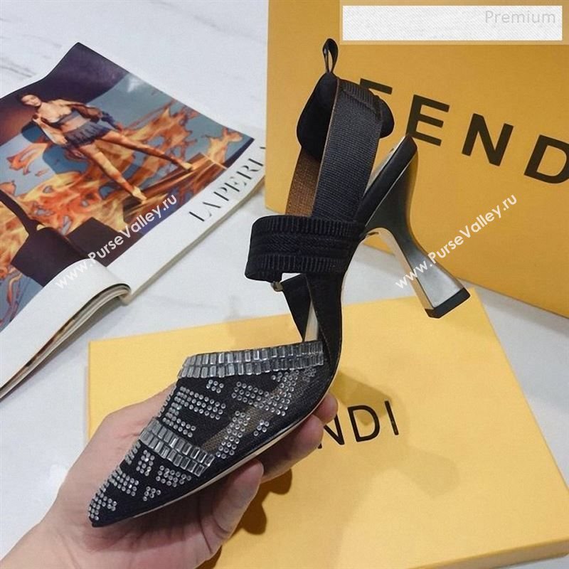 Fendi Colibrì Crystal Mesh High-Heel Slingback Pumps Black/Silver 2020 (DLY-9122622)