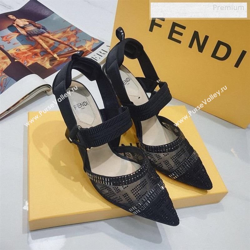 Fendi Colibrì Crystal Mesh High-Heel Slingback Pumps All Black 2020 (DLY-9122623)