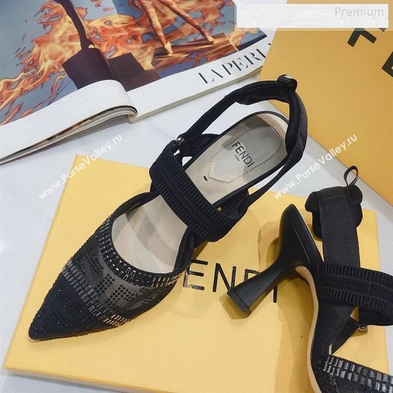 Fendi Colibrì Crystal Mesh High-Heel Slingback Pumps All Black 2020 (DLY-9122623)