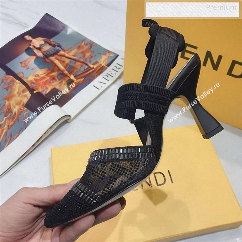 Fendi Colibrì Crystal Mesh High-Heel Slingback Pumps All Black 2020 (DLY-9122623)