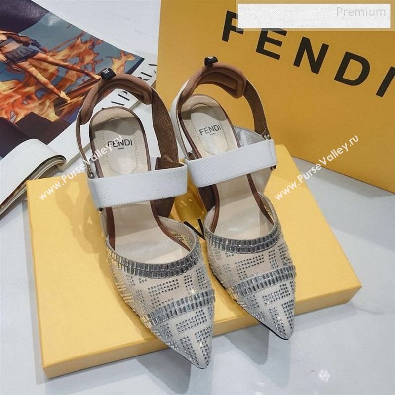 Fendi Colibrì Crystal Mesh Mid-Heel Slingback Pumps White/Beige 2020 (DLY-9122616)