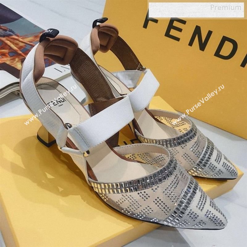 Fendi Colibrì Crystal Mesh Mid-Heel Slingback Pumps White/Beige 2020 (DLY-9122616)