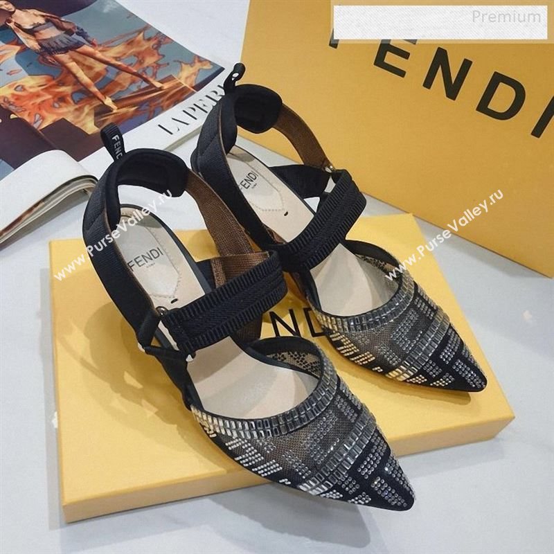 Fendi Colibrì Crystal Mesh Mid-Heel Slingback Pumps Black/Silver 2020 (DLY-9122618)