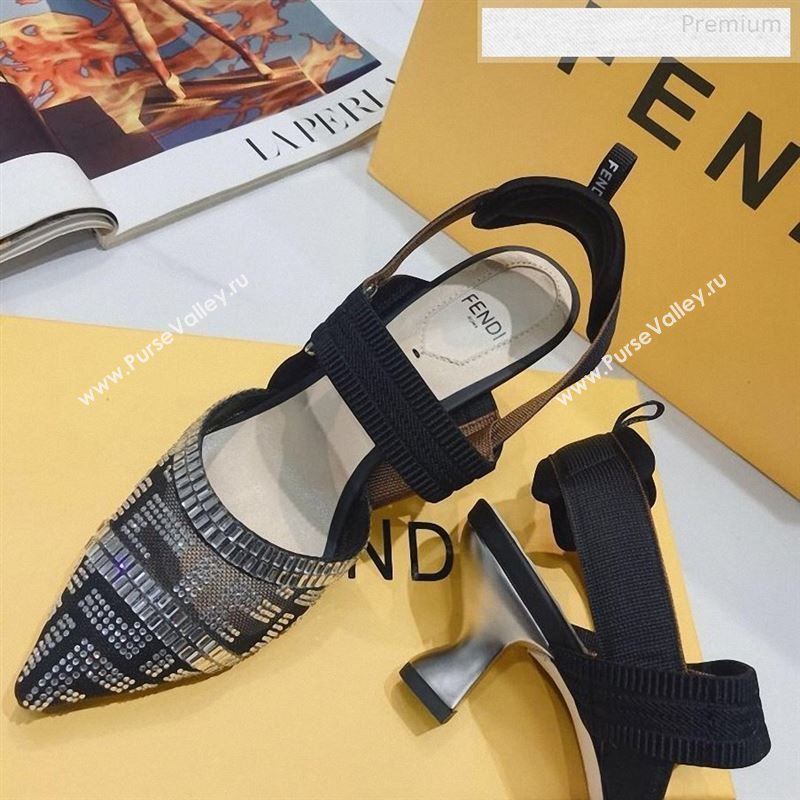 Fendi Colibrì Crystal Mesh Mid-Heel Slingback Pumps Black/Silver 2020 (DLY-9122618)
