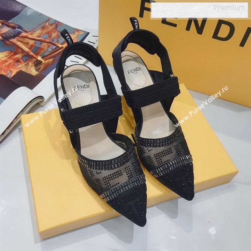 Fendi Colibrì Crystal Mesh Mid-Heel Slingback Pumps All Black 2020 (DLY-9122619)