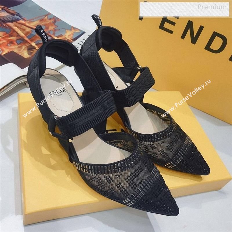 Fendi Colibrì Crystal Mesh Mid-Heel Slingback Pumps All Black 2020 (DLY-9122619)