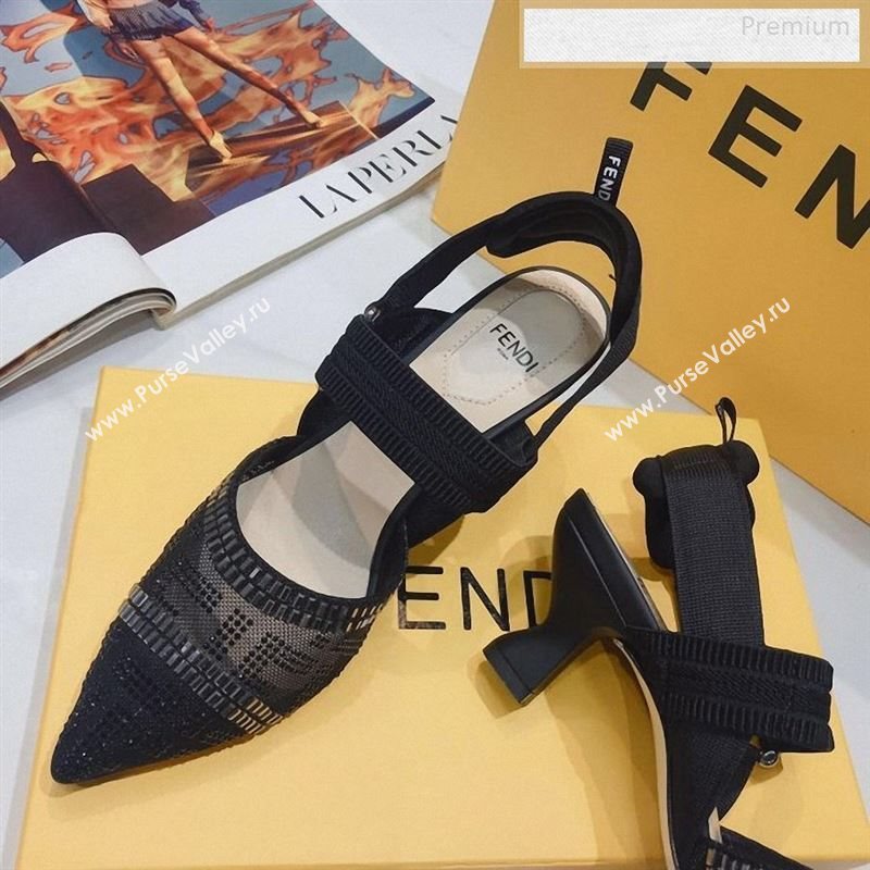 Fendi Colibrì Crystal Mesh Mid-Heel Slingback Pumps All Black 2020 (DLY-9122619)