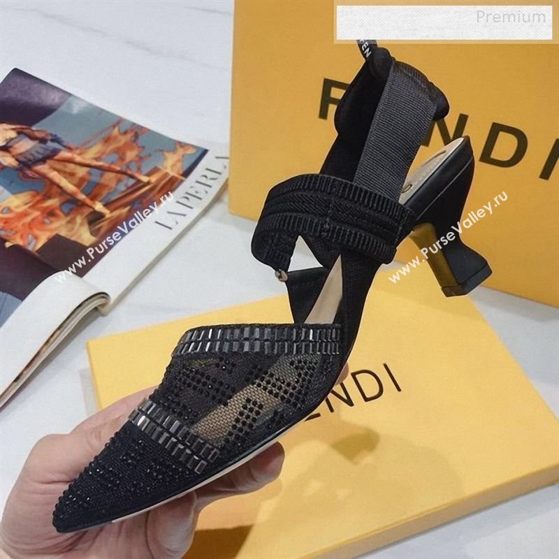 Fendi Colibrì Crystal Mesh Mid-Heel Slingback Pumps All Black 2020 (DLY-9122619)