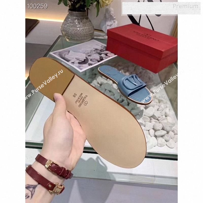Valentino VLogo Calfskin Flat Slides Sandals Blue 2020 (MD-9122624)