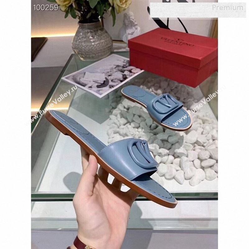 Valentino VLogo Calfskin Flat Slides Sandals Blue 2020 (MD-9122624)