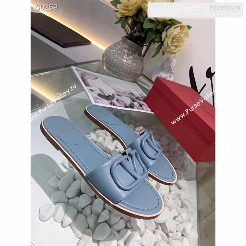 Valentino VLogo Calfskin Flat Slides Sandals Blue 2020 (MD-9122624)
