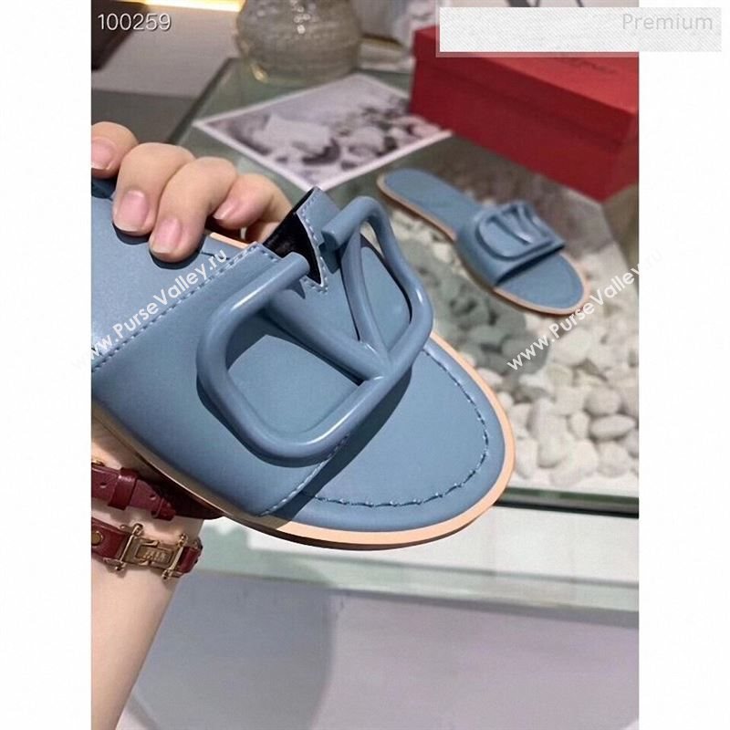 Valentino VLogo Calfskin Flat Slides Sandals Blue 2020 (MD-9122624)