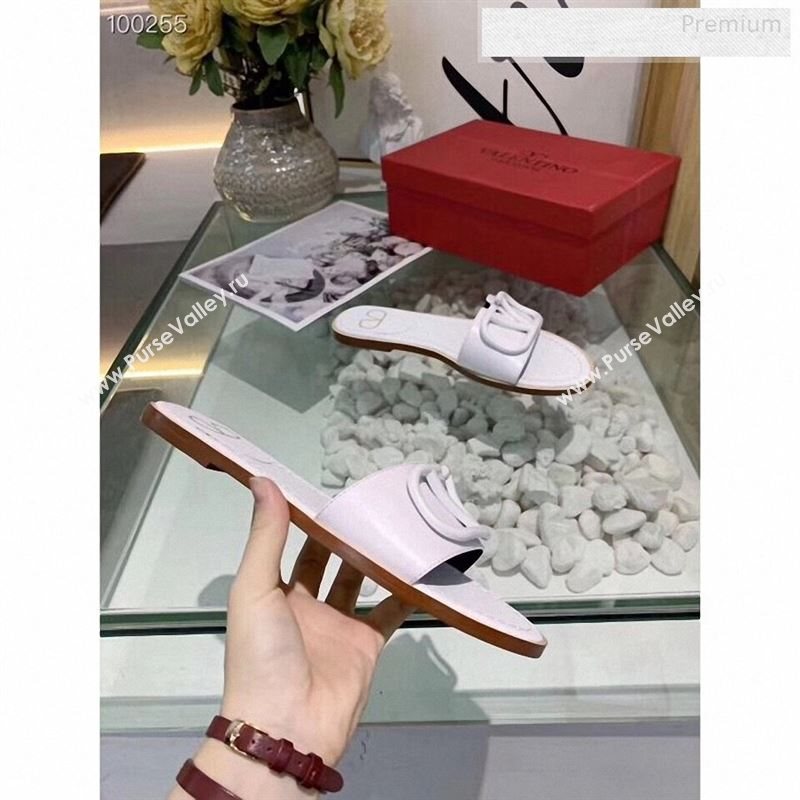 Valentino VLogo Calfskin Flat Slides Sandals White 2020 (MD-9122625)