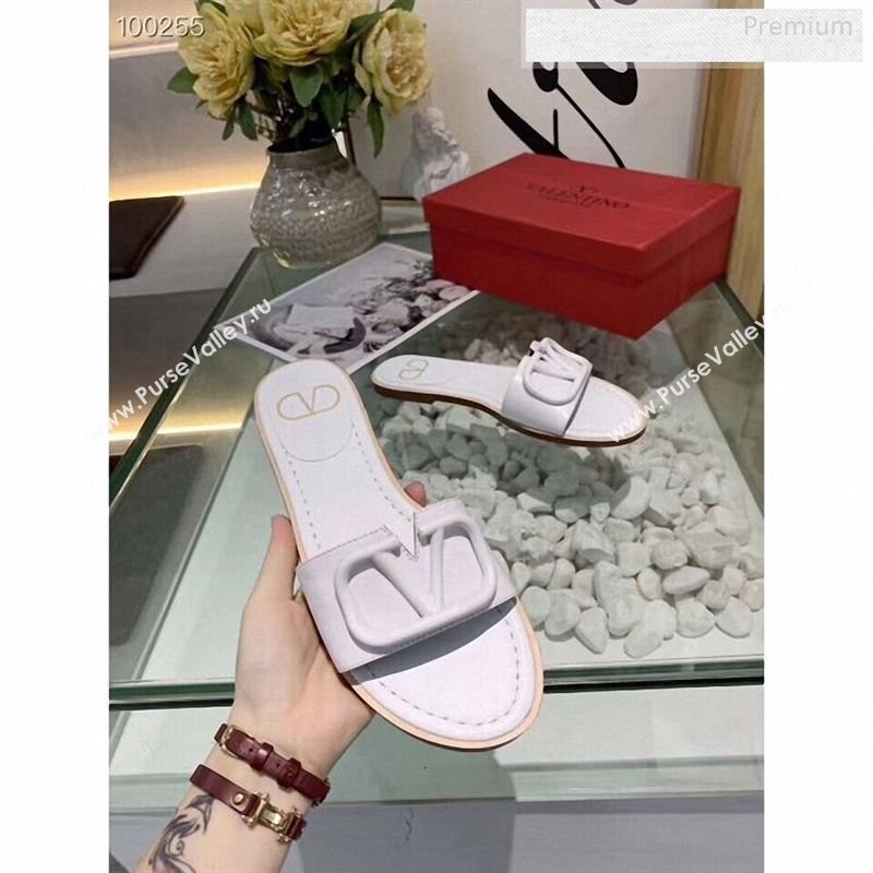 Valentino VLogo Calfskin Flat Slides Sandals White 2020 (MD-9122625)